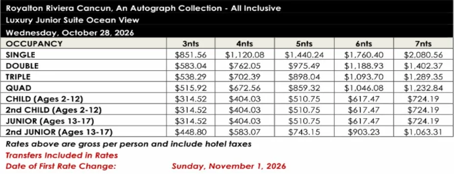 Luxury Junior Suite Ocean View Pricing